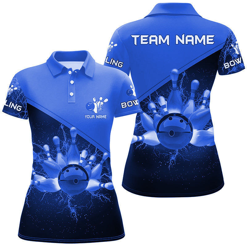 Damen-Bowling-Poloshirts – Individuelle Blaue Blitz-Donner Bowling-Team-Trikots, Geschenk für Team-Bowler NQS6620