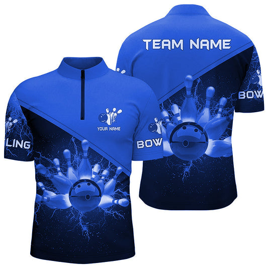 Herren-Bowling-Quarter-Zip-Shirts – Individuelle Blaue Blitz-Donner Bowling-Team-Trikots, Geschenk für Team-Bowler NQS6620