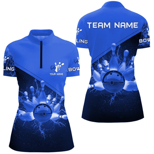 Damen-Bowling-Quarter-Zip-Shirts – Individuelle Blaue Blitz-Donner Bowling-Team-Trikots, Geschenk für Team-Bowler NQS6620