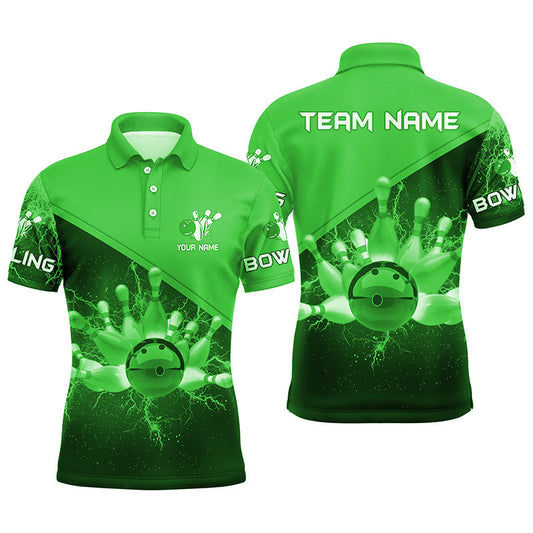 Herren-Bowling-Poloshirts – Individuelle Grüne Blitz-Donner Bowling-Team-Trikots, Geschenk für Team-Bowler NQS6621