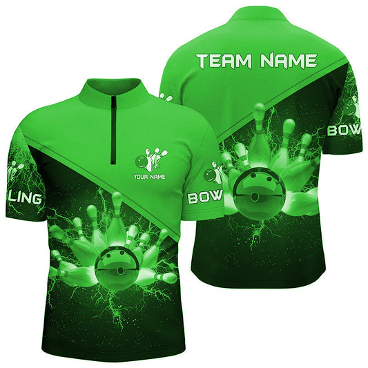 Herren-Bowling-Quarter-Zip-Shirts – Individuelle Grüne Blitz-Donner Bowling-Team-Trikots, Geschenk für Team-Bowler NQS6621