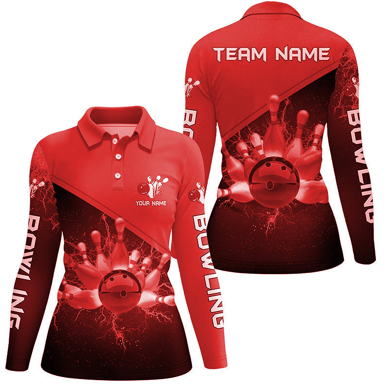 Damen-Bowling-Poloshirts – Individuelle Rote Blitz-Donner Bowling-Team-Trikots, Geschenk für Team-Bowler NQS6622