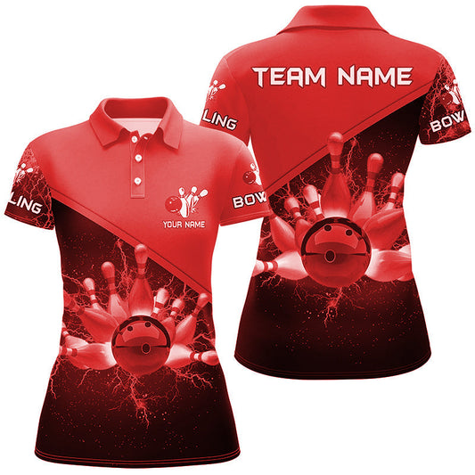 Damen-Bowling-Poloshirts – Individuelle Rote Blitz-Donner Bowling-Team-Trikots, Geschenk für Team-Bowler NQS6622