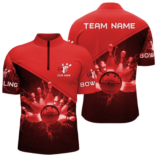 Herren-Bowling-Quarter-Zip-Shirts – Individuelle Rote Blitz-Donner Bowling-Team-Trikots, Geschenk für Team-Bowler NQS6622