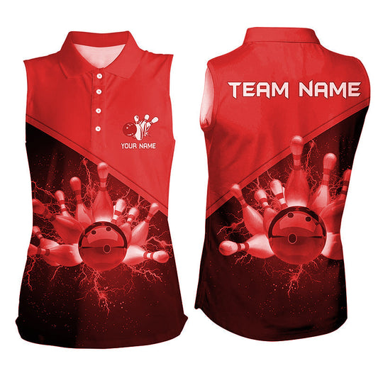 Damen-Ärmellose Bowling-Poloshirts – Individuelle Rote Blitz-Donner Bowling-Team-Trikots, Geschenk für Team-Bowler NQS6622