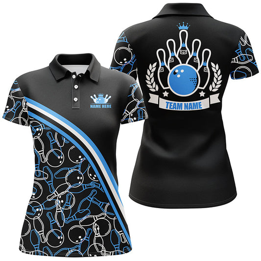 Personalisierte Bowling-Poloshirts für Damen, personalisierter Name, schwarzes und blaues Bowlingmuster, Bowling-Teamtrikots NQS5277