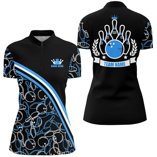 Personalisierte Bowlinghemden mit Viertelreißverschluss für Damen, personalisierter Name, schwarzes und blaues Bowlingmuster, Bowling-Teamtrikots NQS5277