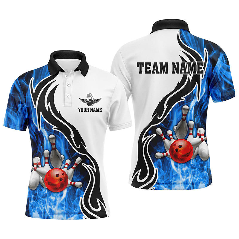 Herren-Bowling-Poloshirt – Individuelle Bowlingkugel & Pins, „Strike“-Team-Liga-Trikot, Bowling-Geschenke | Blau NQS6404