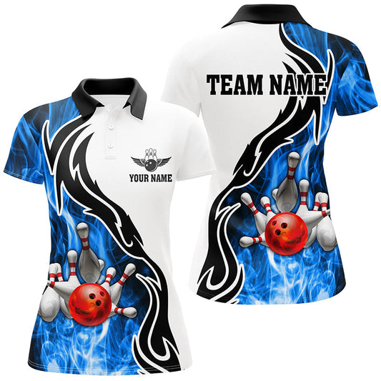 Damen-Bowling-Poloshirts – Individuelle Bowlingkugel & Pins, „Strike“-Team-Liga-Trikot, Bowling-Geschenke | Blau NQS6404