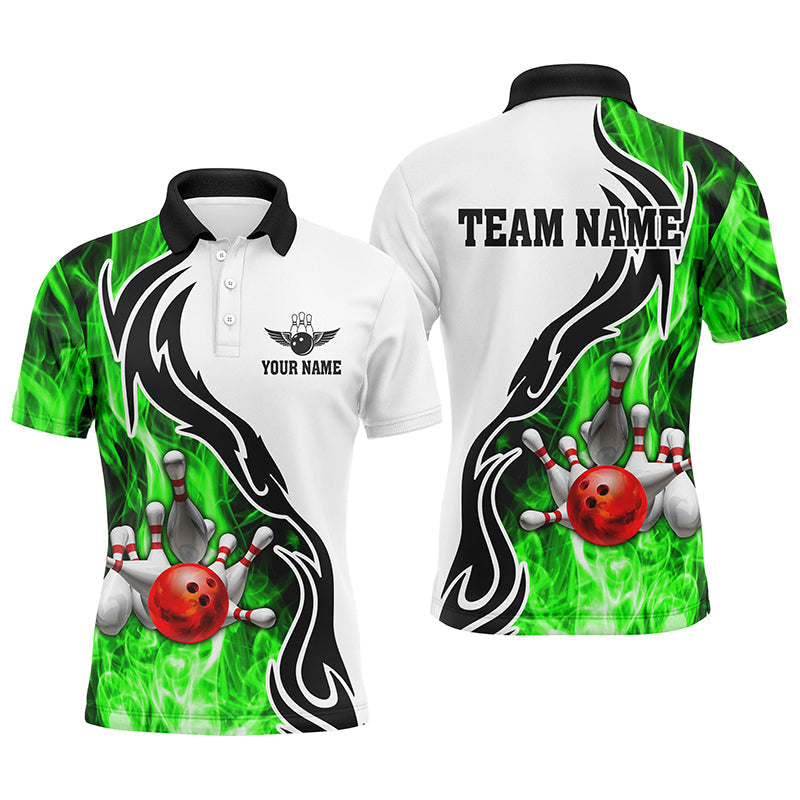 Herren-Bowling-Poloshirt – Individuelle Bowlingkugel & Pins, „Strike“-Team-Liga-Trikot, Bowling-Geschenke | Grün NQS6405