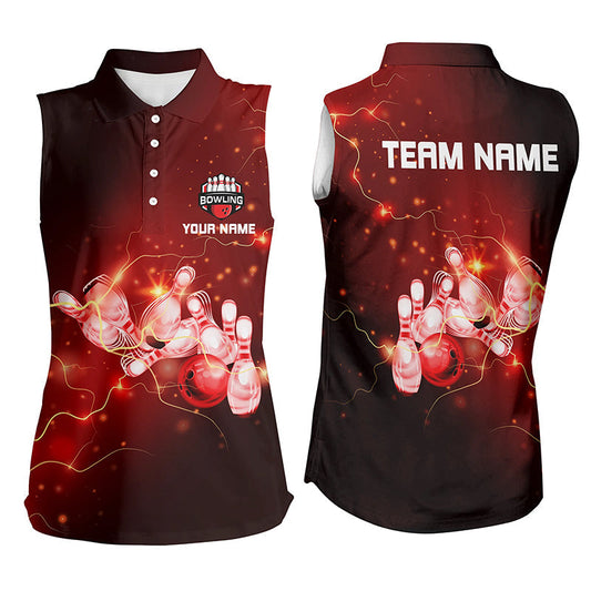 Damen-Ärmellose Bowling-Poloshirts – Individuelle Rote Blitze und Donner Bowling-Team-Trikots für Damen NQS6637