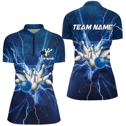 Damen-Bowling-Quarter-Zip-Shirts – Individuelle Blaue Blitze und Donner Bowling-Team-Trikots, Geschenk für Bowler NQS6638