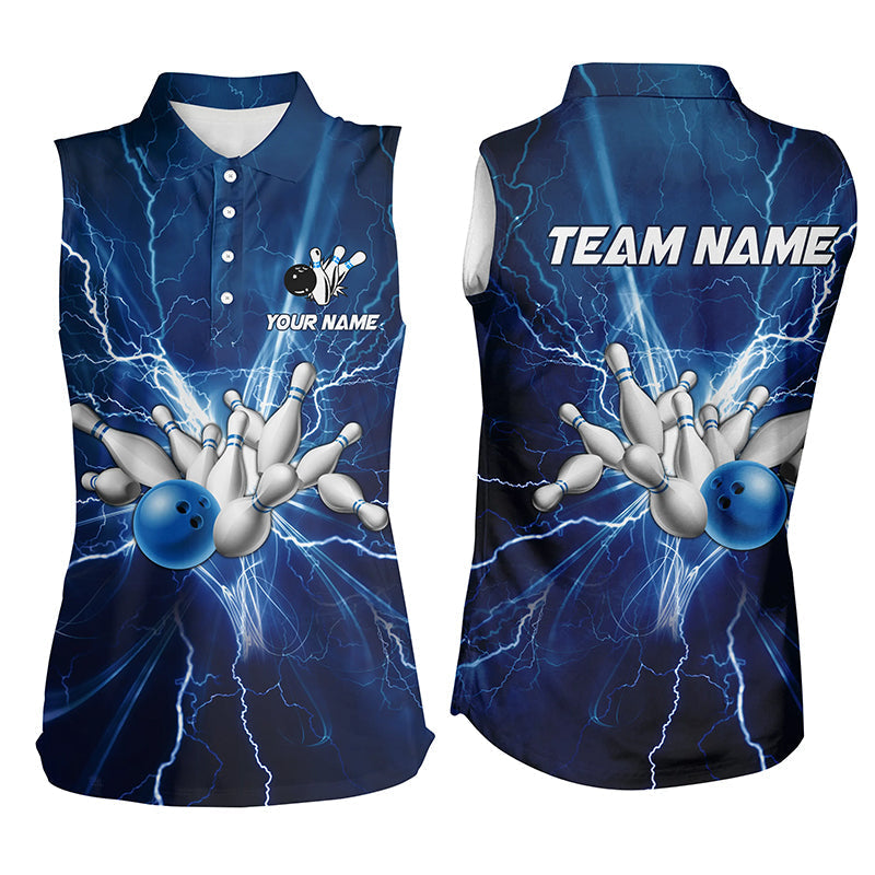 Damen-Ärmellose Bowling-Poloshirts – Individuelle Blaue Blitze und Donner Bowling-Team-Trikots NQS6638