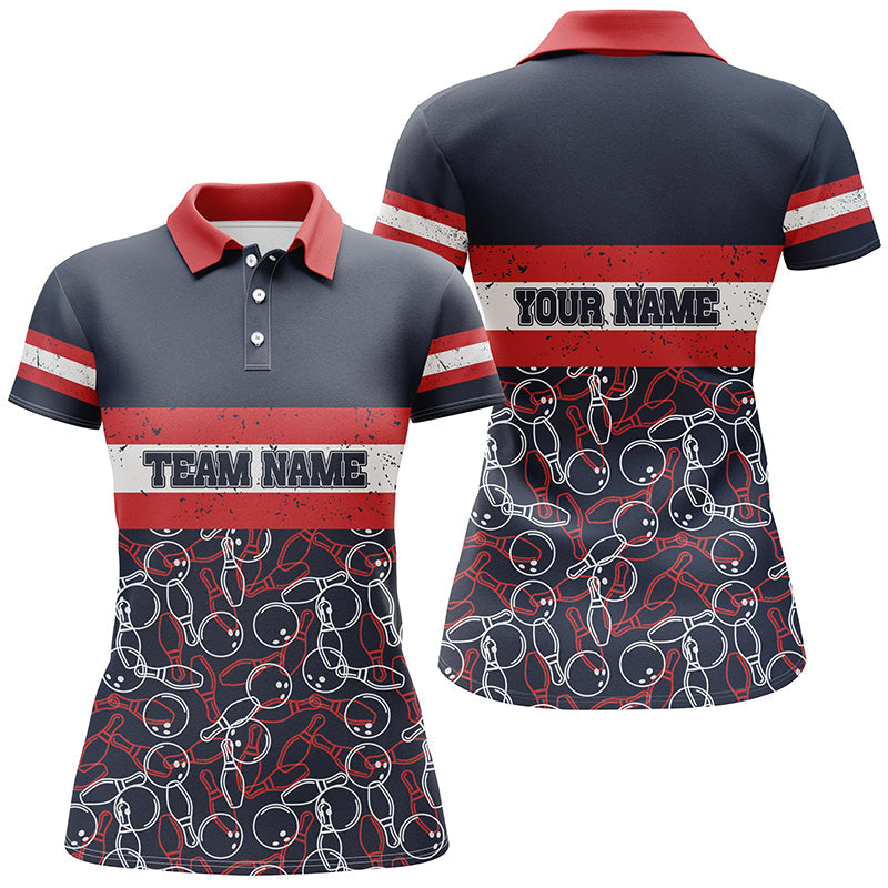 Damen-Bowling-Poloshirts, personalisierter Name, rote und blaue Vintage-Bowling-Teamtrikots NQS5274