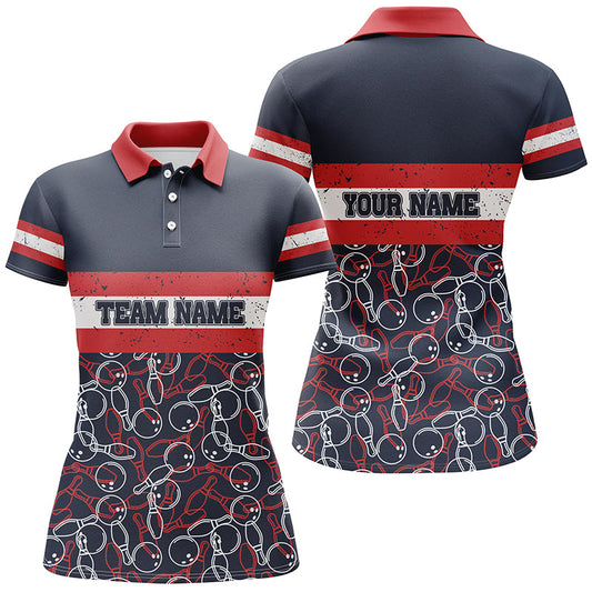 Damen-Bowling-Poloshirts, personalisierter Name, rote und blaue Vintage-Bowling-Teamtrikots NQS5274