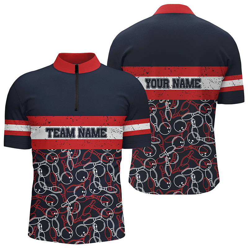 Herren-Bowlinghemden mit Viertelreißverschluss, personalisierter Name, rote und blaue Vintage-Bowling-Teamtrikots NQS5274