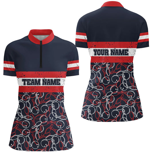 Damen-Bowlinghemden mit Viertelreißverschluss, personalisierter Name, rote und blaue Vintage-Bowling-Teamtrikots NQS5274