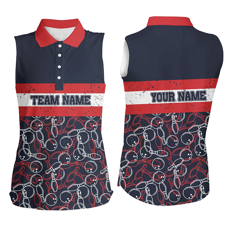 Ärmellose Damen-Bowling-Poloshirts, personalisierter Name, rote und blaue Vintage-Bowling-Teamtrikots NQS5274