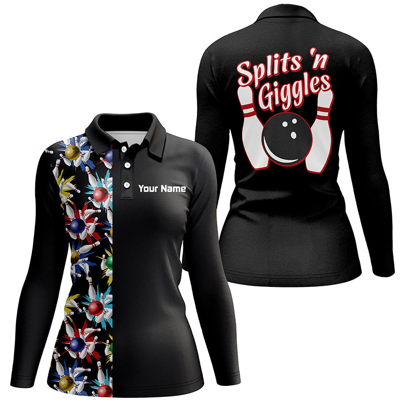 Splits 'n Giggles“-Schwarze Poloshirts für Damen – Personalisierte Vintage-Bowling-Shirts für Damen NQS5521