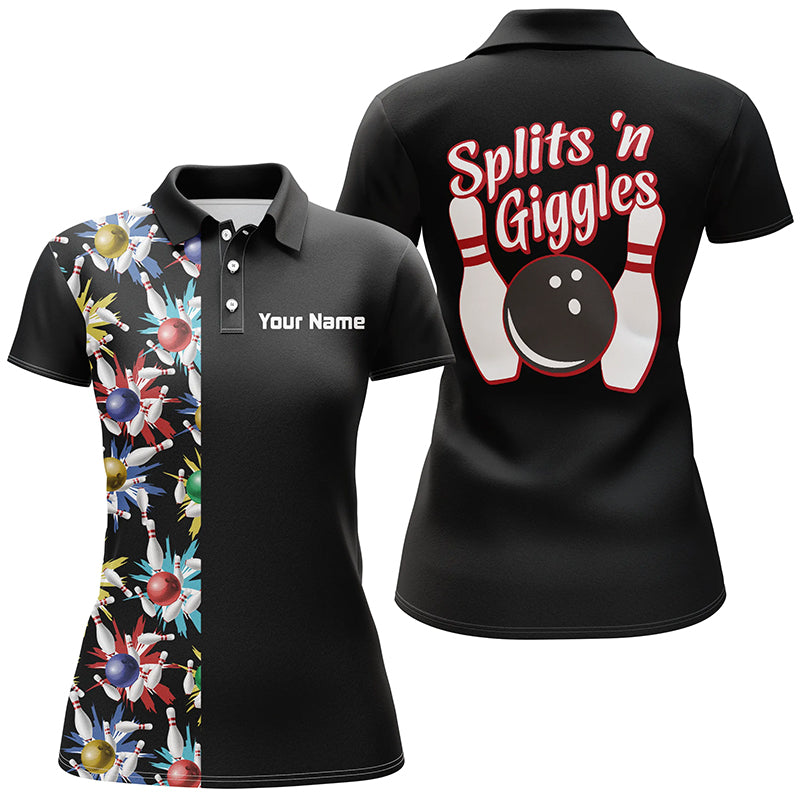 Splits 'n Giggles“-Schwarze Poloshirts für Damen – Personalisierte Vintage-Bowling-Shirts für Damen NQS5521