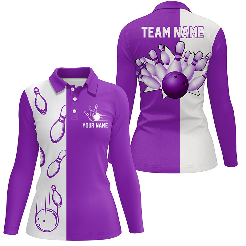 Lila und weiße Retro-Vintage-Bowling-Poloshirts für Damen – Individuelle Bowling-Team-Trikots NQS6656