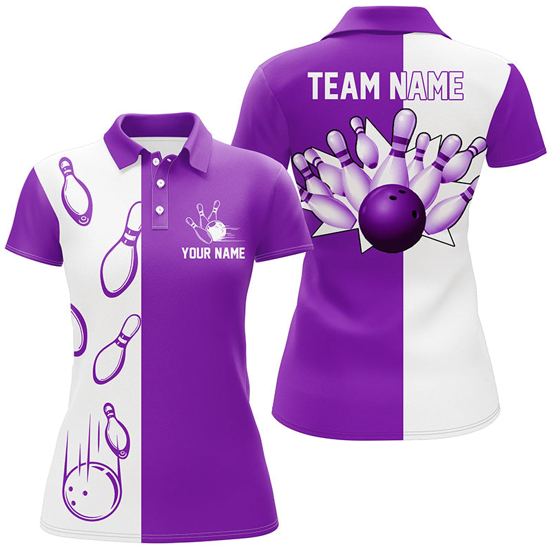 Lila und weiße Retro-Vintage-Bowling-Poloshirts für Damen – Individuelle Bowling-Team-Trikots NQS6656