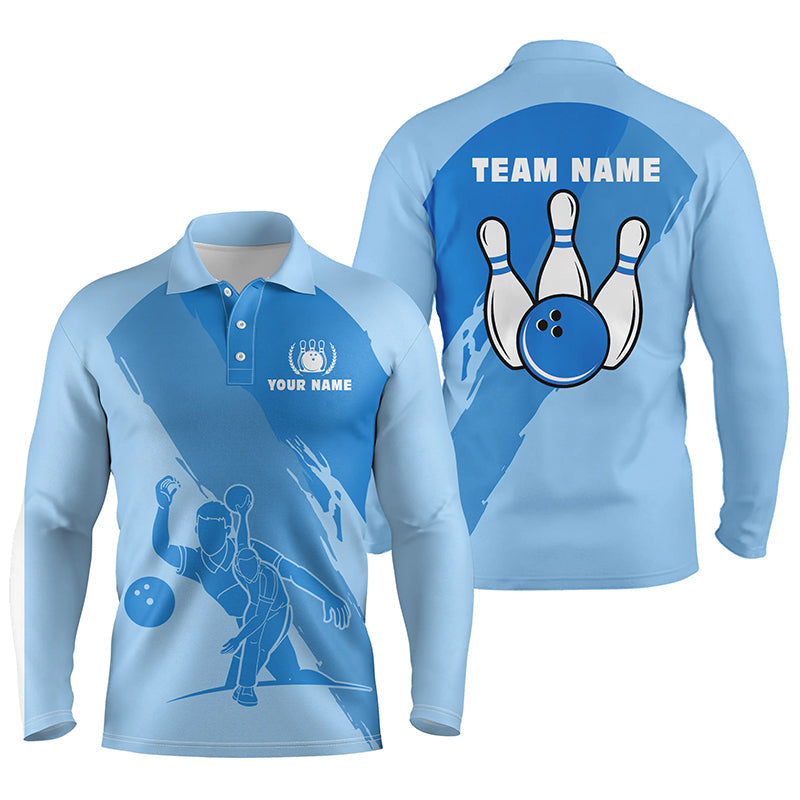 Personalisierte 3D-Bowling-Poloshirts für Herren, maßgeschneiderte blaue Team-Bowlingtrikots für Herren NQS5300