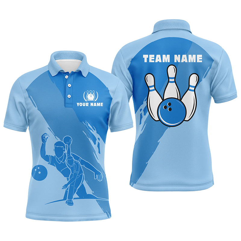 Personalisierte 3D-Bowling-Poloshirts für Herren, maßgeschneiderte blaue Team-Bowlingtrikots für Herren NQS5300