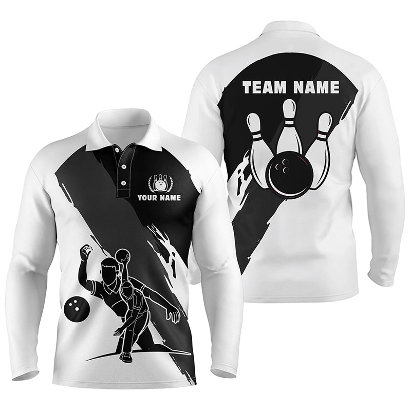 Personalisierte 3D-Bowling-Poloshirts für Herren, maßgeschneiderte schwarz-weiße Team-Bowlingtrikots für Herren NQS5302