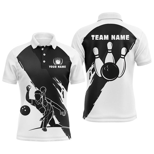 Personalisierte 3D-Bowling-Poloshirts für Herren, maßgeschneiderte schwarz-weiße Team-Bowlingtrikots für Herren NQS5302