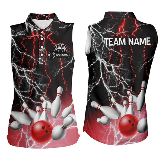 Damen-Ärmellose Bowling-Poloshirts – Individuelle Rote Blitz-Donner Bowling-Team-Liga-Trikots NQS6672