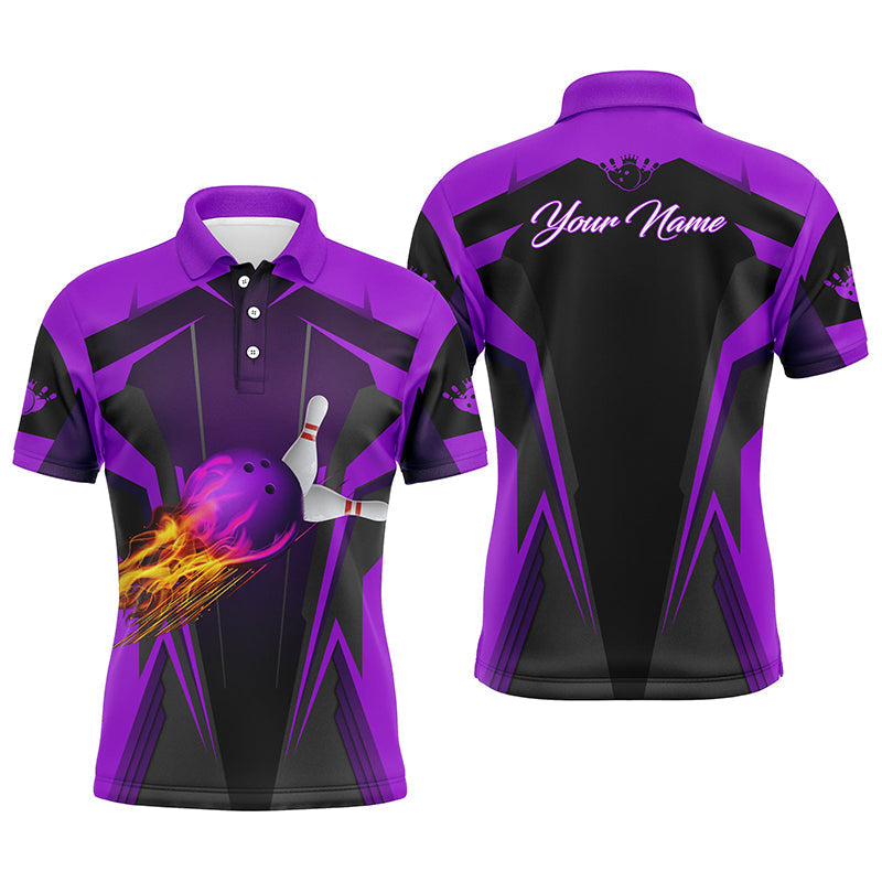 Personalisierte Herren-Poloshirts – Flammen-Bowlingkugel & Pins, Bowling-Trikots für Bowler | Lila NQS6440