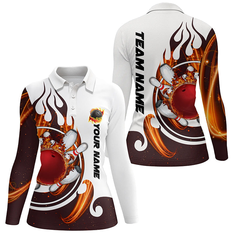 Weiße Bowling-Poloshirts für Damen – Individuelle Flammen-Bowlingkugel & Pins, Trikots NQS6449