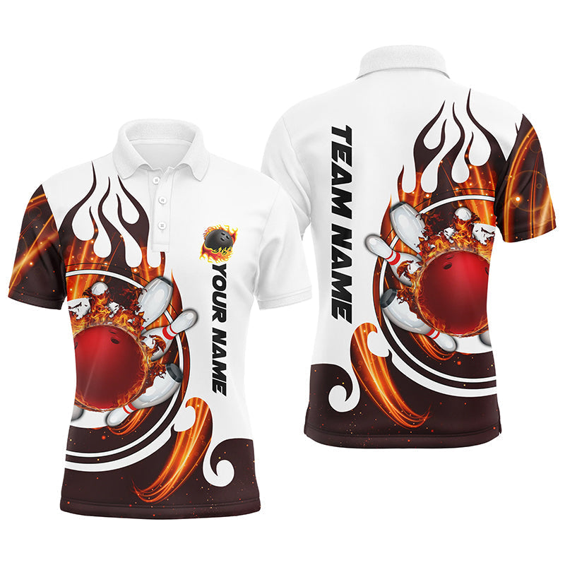 Weiße Bowling-Poloshirts für Herren – Individuelle Flammen-Bowlingkugel & Pins, Trikots NQS6449