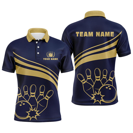 Personalisierte Goldene Bowling-Poloshirts für Herren – Individuelles Bowling-Team-Trikot für Herren | Navy NQS6707