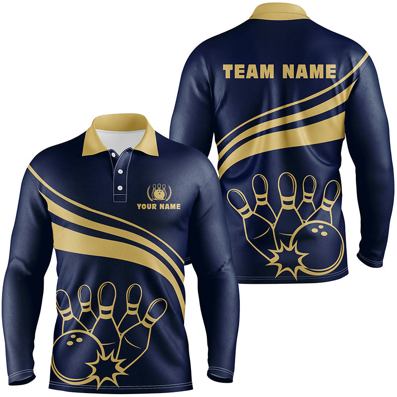 Personalisierte Goldene Bowling-Poloshirts für Herren – Individuelles Bowling-Team-Trikot für Herren | Navy NQS6707