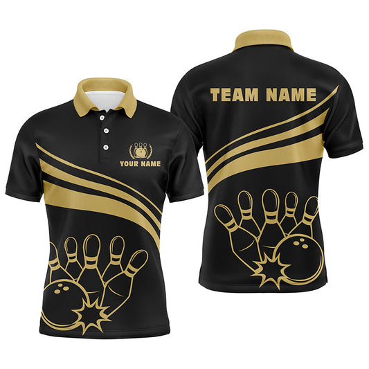 Personalisierte Goldene Bowling-Poloshirts für Herren – Individuelles Bowling-Team-Trikot für Herren | Schwarz NQS6708