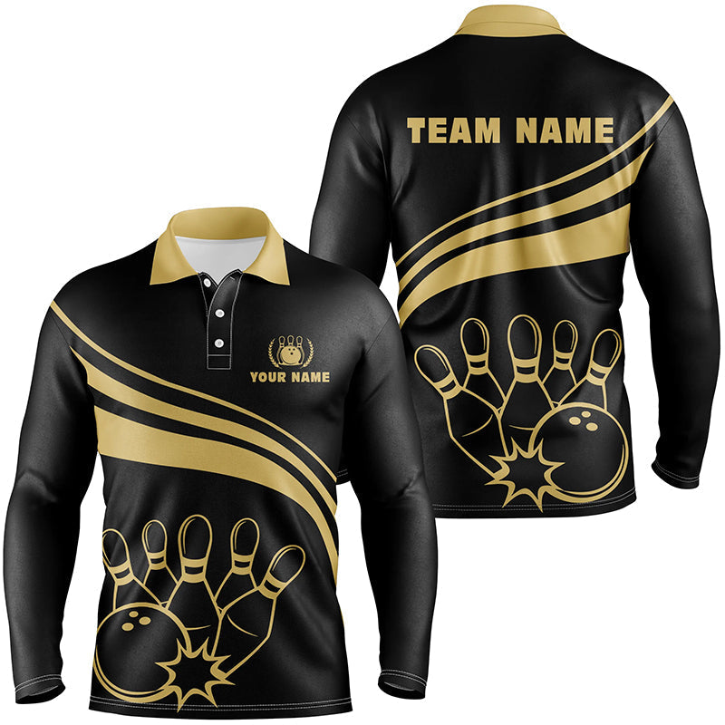 Personalisierte Goldene Bowling-Poloshirts für Herren – Individuelles Bowling-Team-Trikot für Herren | Schwarz NQS6708