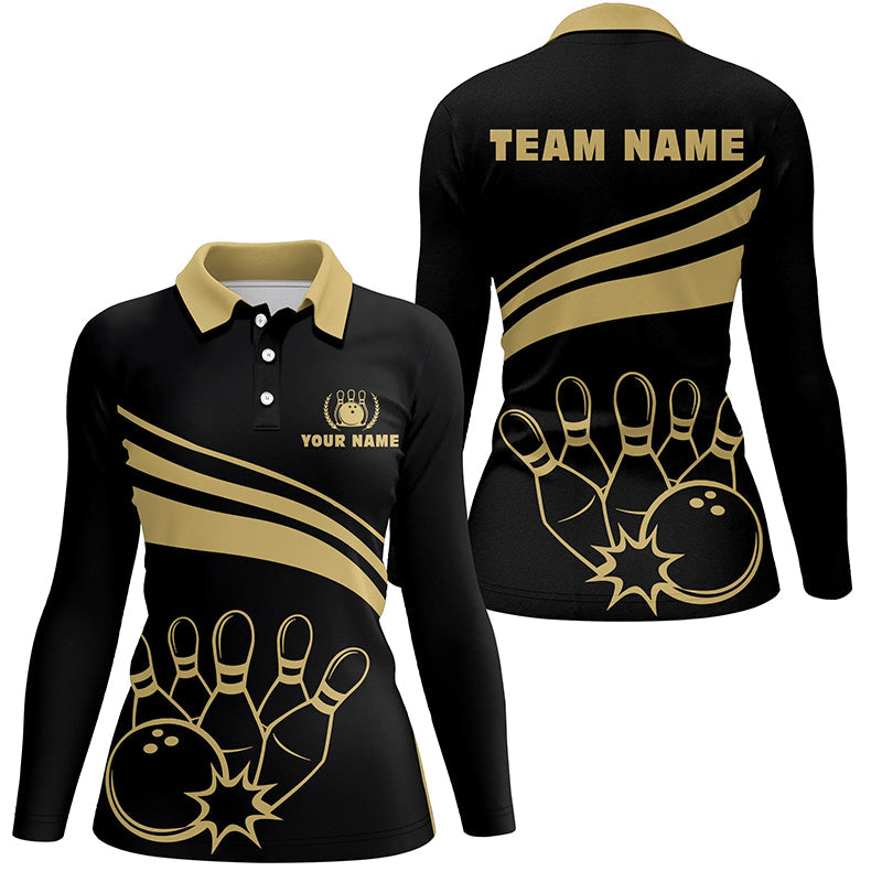 Personalisierte Bowling-Poloshirts für Damen – Individuelle Goldene Bowling-Shirts für Damen Team-Trikot | Schwarz NQS6708