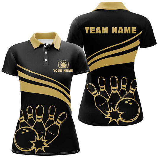 Personalisierte Bowling-Poloshirts für Damen – Individuelle Goldene Bowling-Shirts für Damen Team-Trikot | Schwarz NQS6708