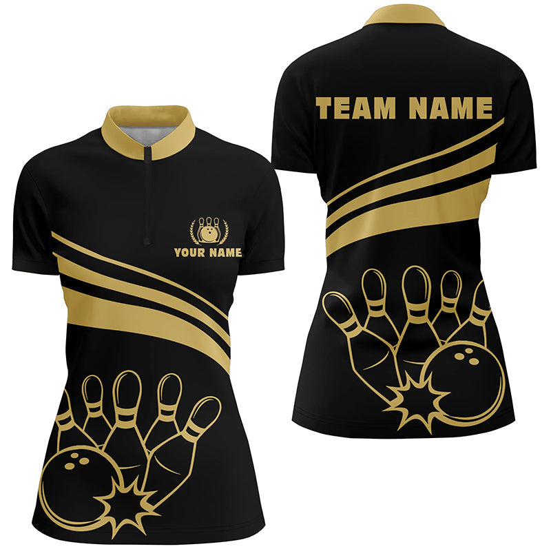 Personalisierte Bowling-Quarter-Zip-Shirts für Damen – Goldene Bowling-Shirts Team-Trikot für Damen | Schwarz NQS6708