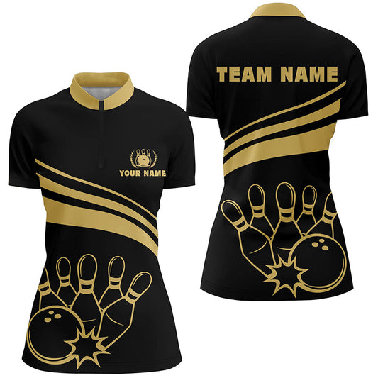 Personalisierte Bowling-Quarter-Zip-Shirts für Damen – Goldene Bowling-Shirts Team-Trikot für Damen | Schwarz NQS6708