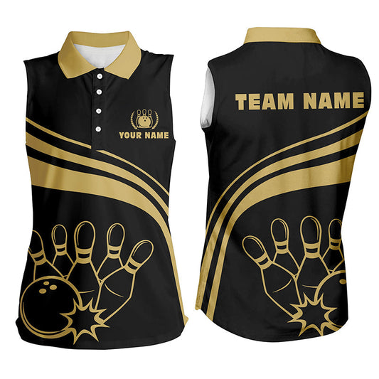 Personalisierte Ärmellose Bowling-Poloshirts für Damen – Goldene Bowling-Shirts Team-Trikot | Schwarz NQS6708