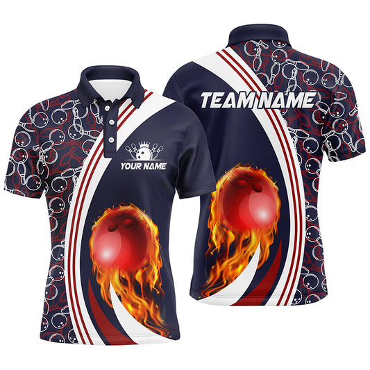 Bowling-Poloshirts für Herren – Individuelles Camo-Flammen-Bowlingkugel-Feuer Team-Liga-Trikot | Navy NQS6716