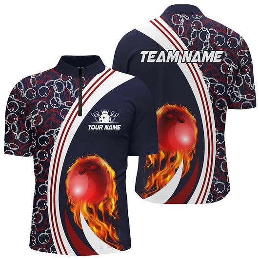 Bowling-Quarter-Zip-Shirt für Herren – Individuelles Camo-Flammen-Bowlingkugel-Feuer Team-Liga-Trikot | Navy NQS6716