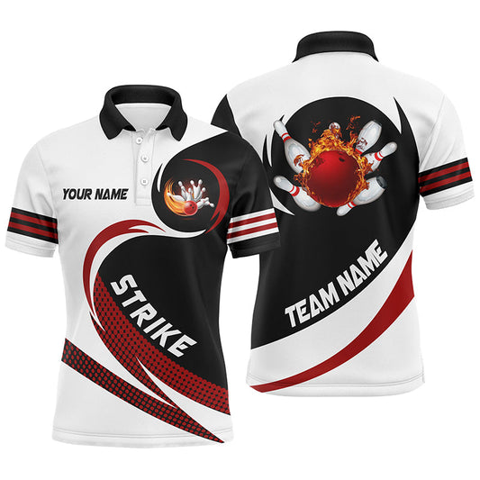 Schwarz-Weiße Bowling-Poloshirts für Herren – Individuelles Flammen-Bowlingkugel-Feuer Strike Team-Liga-Trikot NQS6717