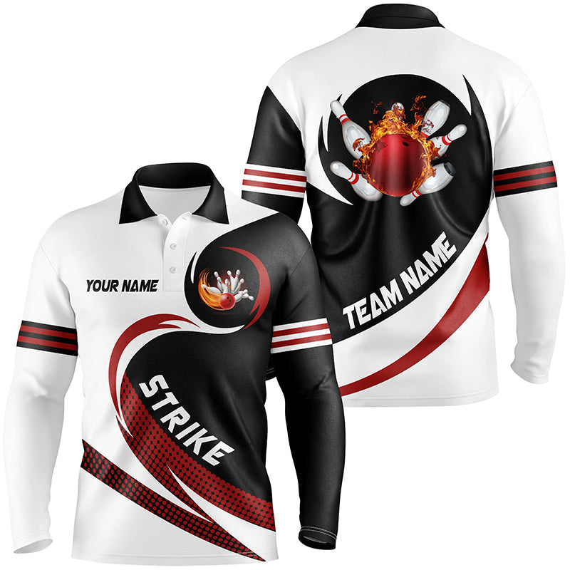 Schwarz-Weiße Bowling-Poloshirts für Herren – Individuelles Flammen-Bowlingkugel-Feuer Strike Team-Liga-Trikot NQS6717