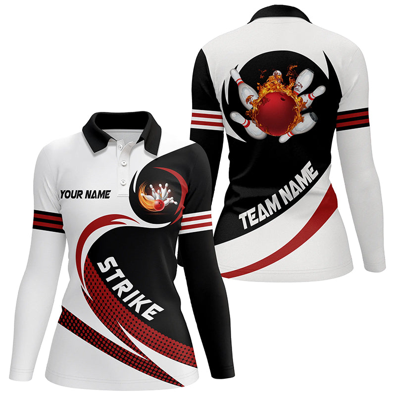 Schwarz-Weiße Bowling-Poloshirts für Damen – Individuelles Flammen-Bowlingkugel-Feuer Strike Team-Liga-Trikot NQS6717