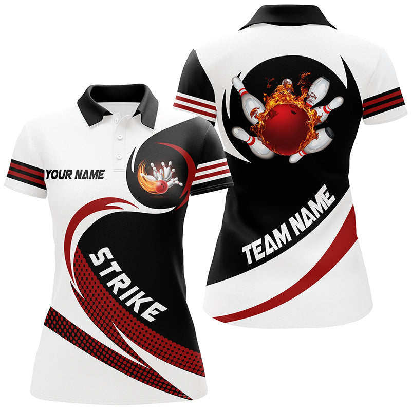 Schwarz-Weiße Bowling-Poloshirts für Damen – Individuelles Flammen-Bowlingkugel-Feuer Strike Team-Liga-Trikot NQS6717