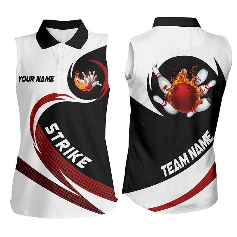 Schwarz-Weiße Ärmellose Bowling-Poloshirts für Damen – Individuelles Flammen-Bowlingkugel-Strike Team-Liga-Trikot NQS6717